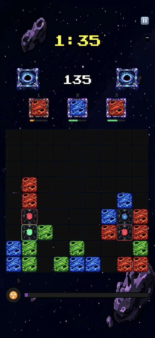 The Daily Challenge in the Space world, with 1:35 left on the clock and a score of 135