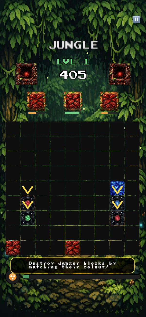 Two danger blocks on the jungle board, each showing the block colour needed to destroy it