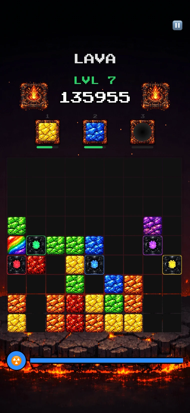 A Lava board at level 7, score 135,955, with danger blocks, a rainbow block and the nuke charged