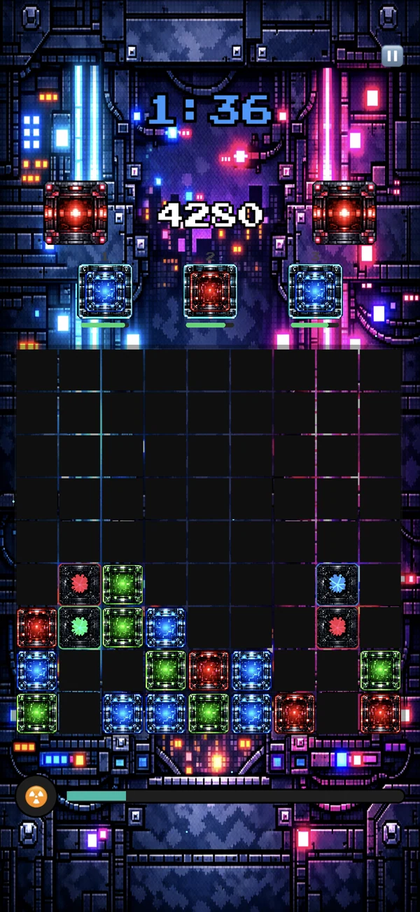 A Cyber board, neon circuitry behind a grid of glowing block panels