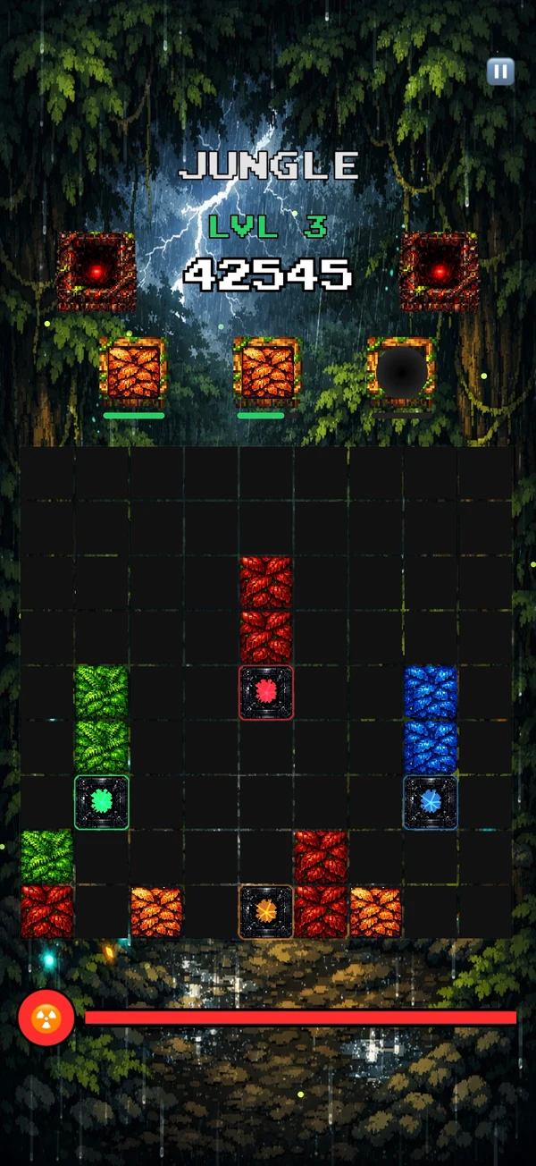 A Jungle board at level 3, with danger blocks and the danger bar nearly full