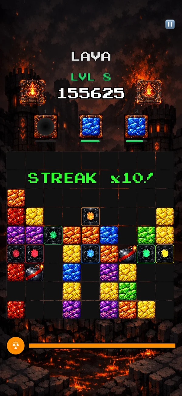 A Lava board at level 8 showing a x10 streak, with danger blocks and two bombs on the grid
