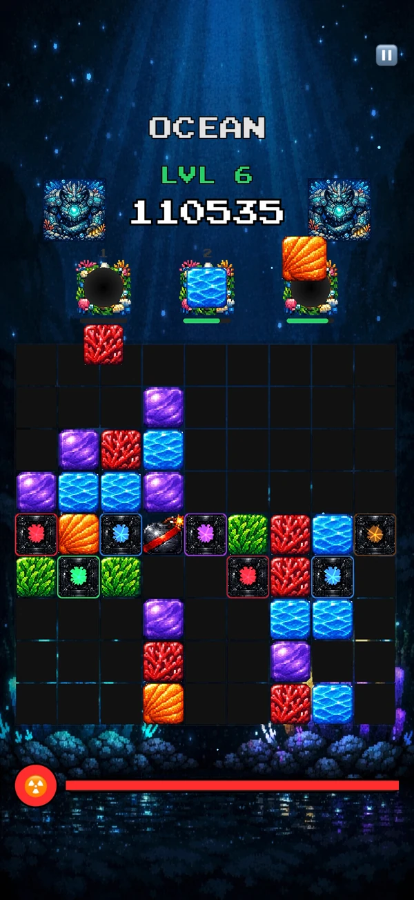 An Ocean board at level 6, with danger blocks across the middle of the grid and a bomb block among them