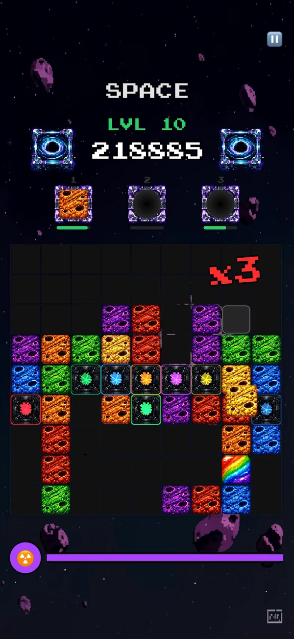 A Space board at level 10 with a row of danger blocks across the middle and a rainbow block below